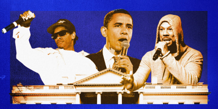 Collage of Eazy-E, Barack Obama, and Common above image of the White House 